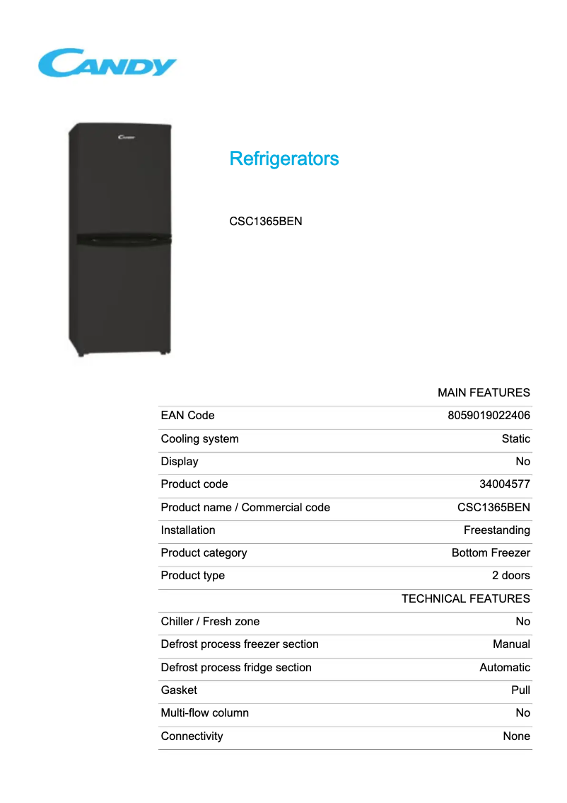 Page 1 de la notice Fiche technique Candy CSC1365BEN