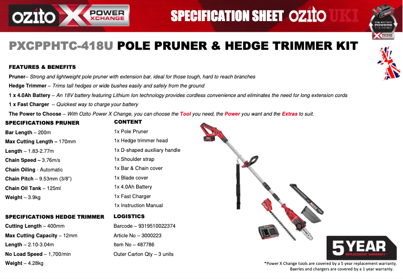 Page 1 de la notice Fiche technique Ozito PXCPPHTC-418U