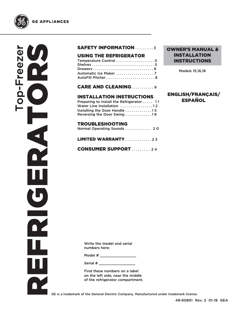 Page 1 de la notice Manuel d'utilisation et d'entretien GE GTE18ISHSS