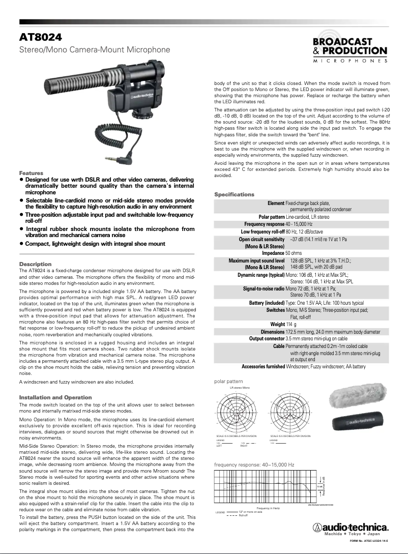 Page 1 de la notice Manuel utilisateur Audio-Technica AT8024