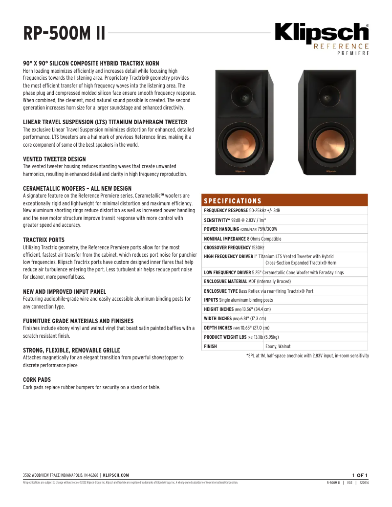 Page 1 de la notice Fiche technique Klipsch Reference Premiere RP-500M II