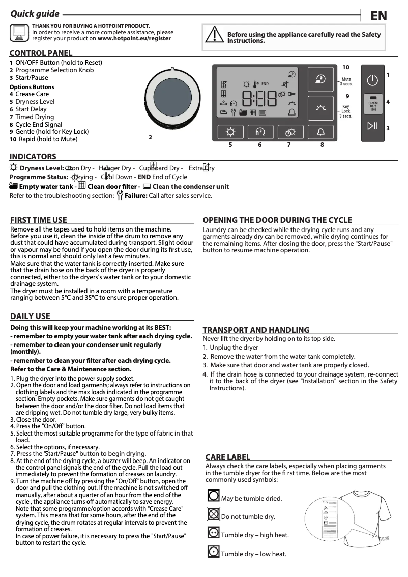 Page 1 de la notice Mode d'emploi Hotpoint H3 D91WB UK