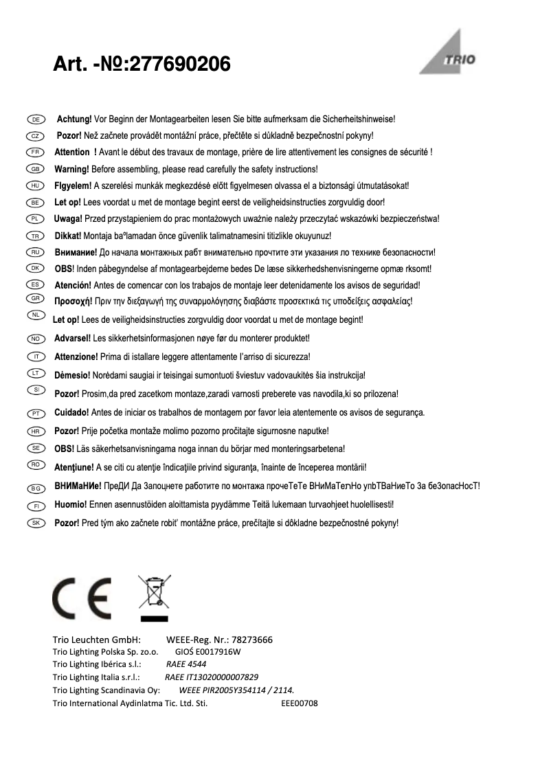 Page n°1 - Manuel utilisateur Trio Lighting Sandro
