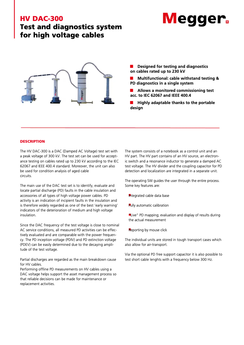 Page 1 de la notice Fiche technique Megger HV DAC-200