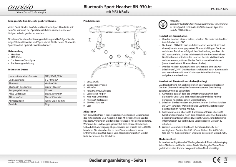 Page 1 de la notice Manuel utilisateur Auvisio BN-930