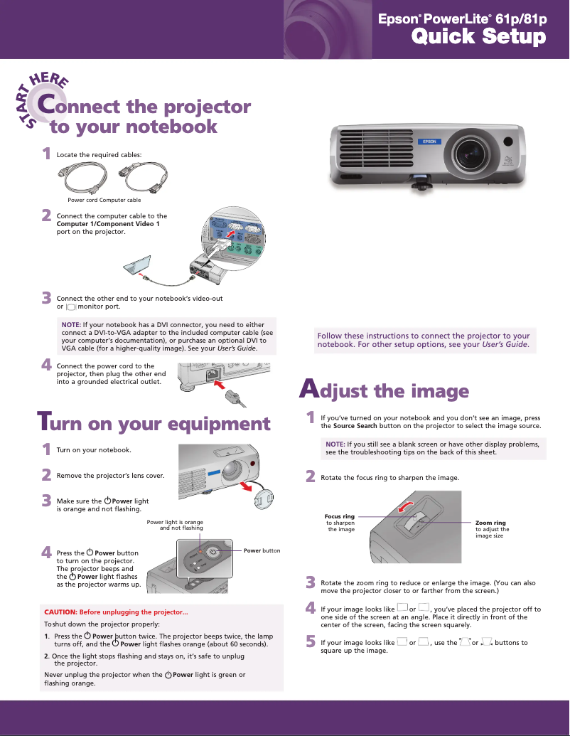Page 1 de la notice Guide de démarrage rapide Epson PowerLite 81p