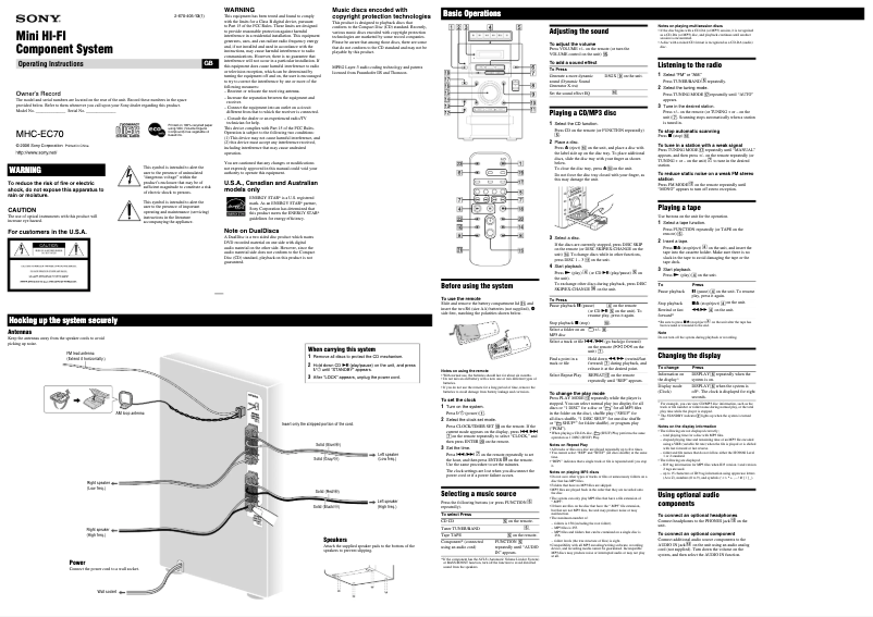 Page n°1 - Manuel utilisateur Sony MHC-EC70