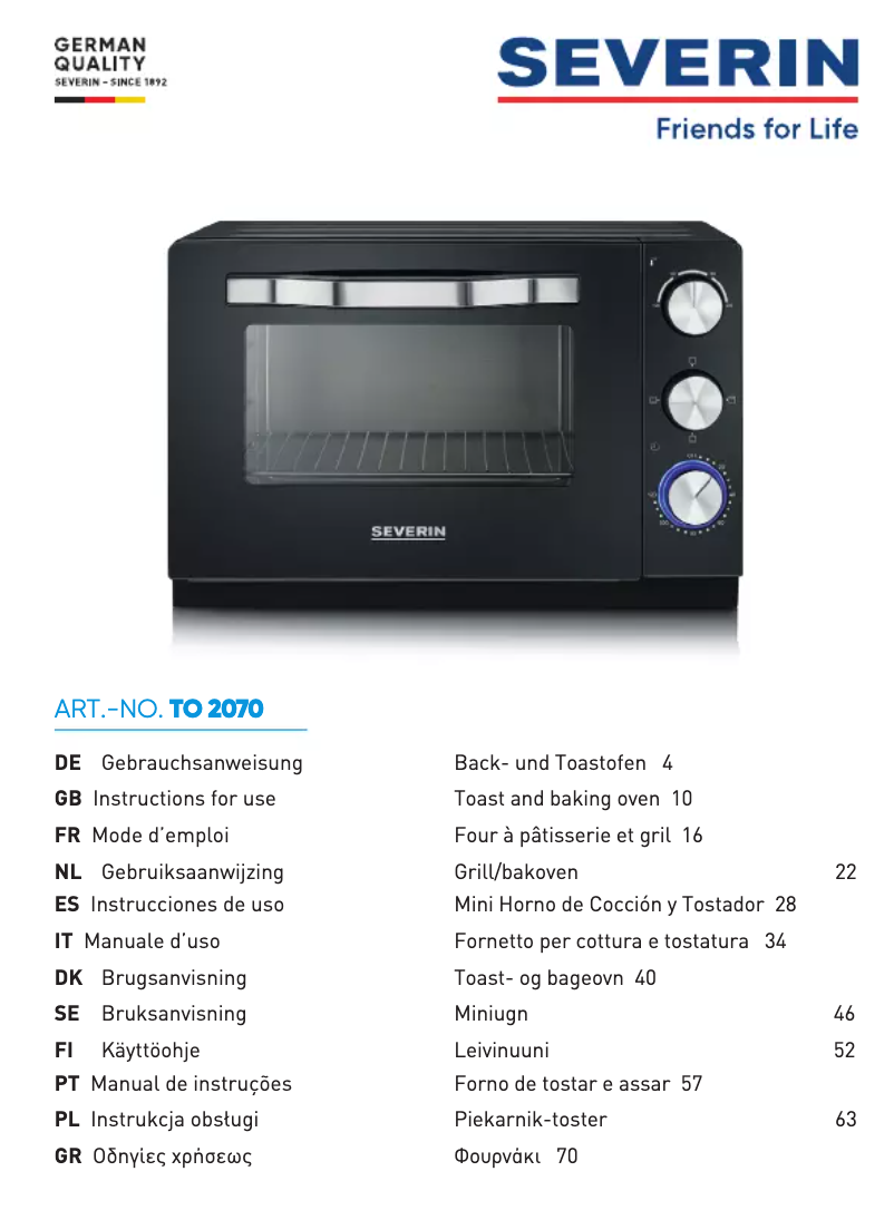 Page 1 de la notice Manuel utilisateur Severin TO 2070