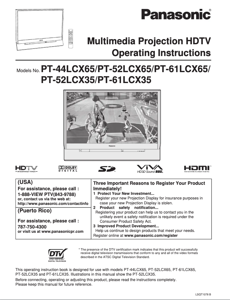 Page 1 de la notice Manuel utilisateur Panasonic PT-44LCX65