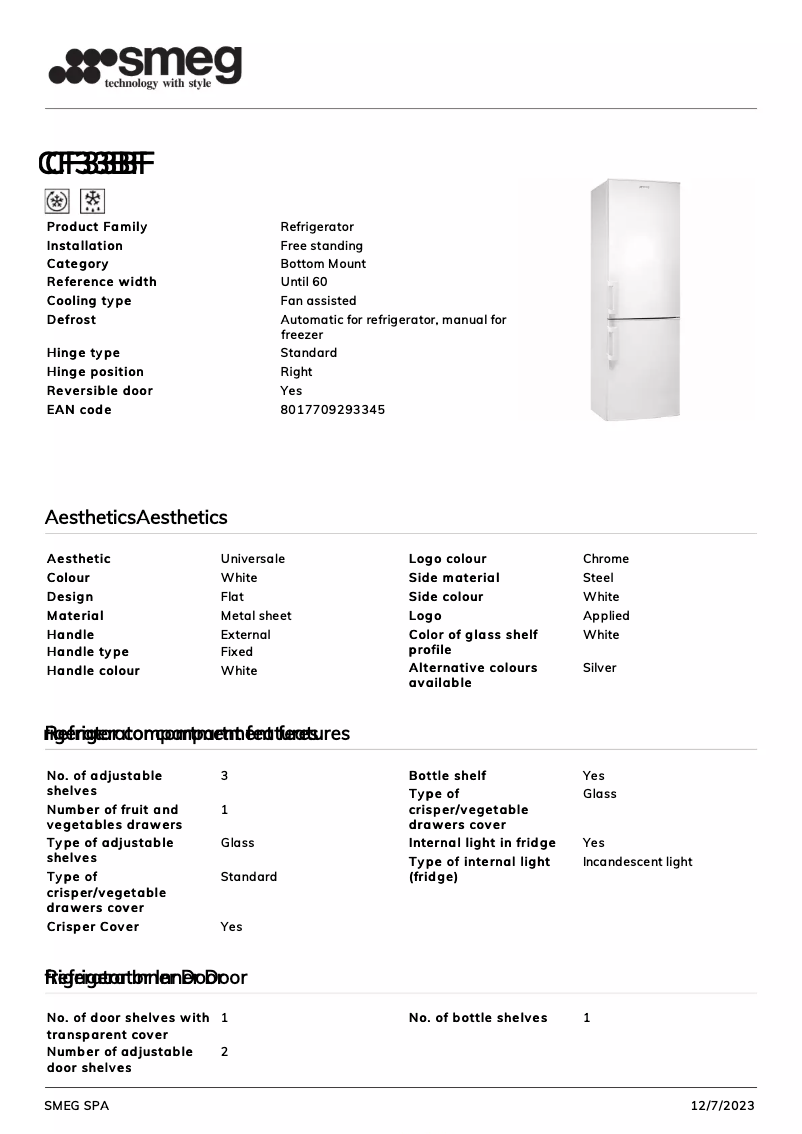 Page n°1 - Fiche technique Smeg CF33BF