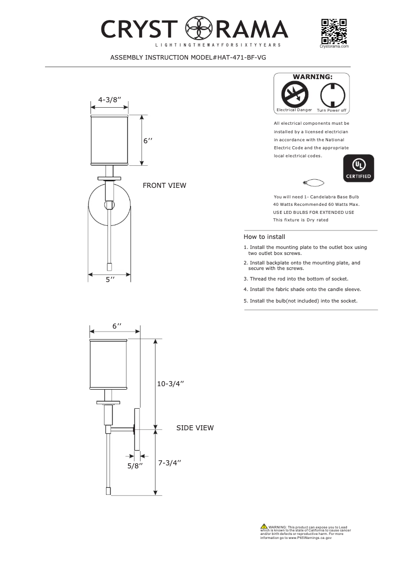 Page 1 de la notice Manuel utilisateur Crystorama Hatfield HAT-471-BF-VG