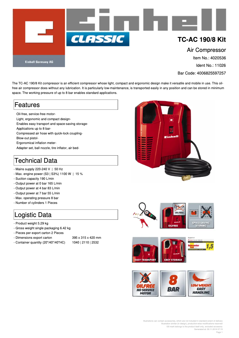 Page 1 de la notice Fiche technique Einhell TC-AC 190/8 Kit