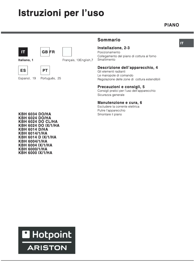 Page n°1 - Manuel utilisateur Hotpoint Ariston KBH 6034 DO HA