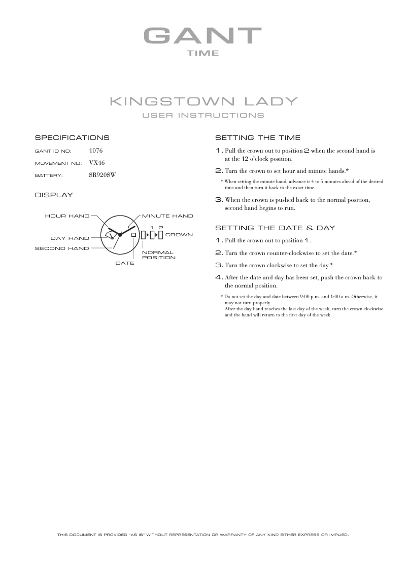 Page n°1 - Manuel utilisateur Gant Kingstown Lady 1076