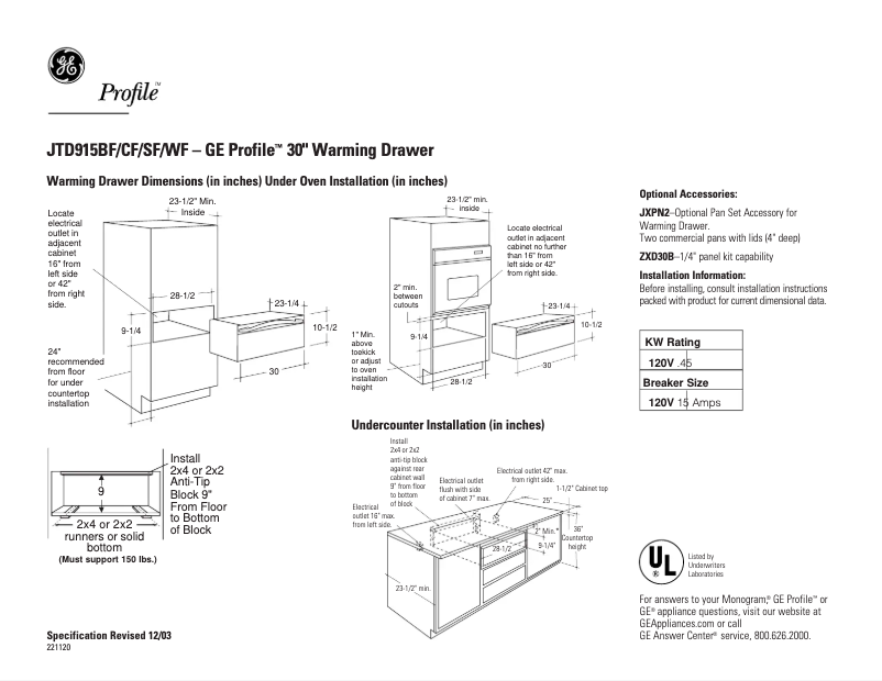 Página 1 del manual Ficha técnica GE Profile JTD915WFWW