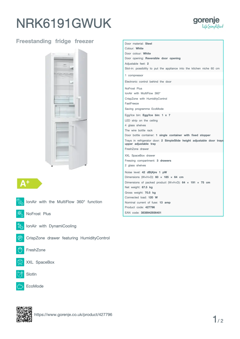 Page n°1 - Fiche technique Gorenje NRK6191GWUK