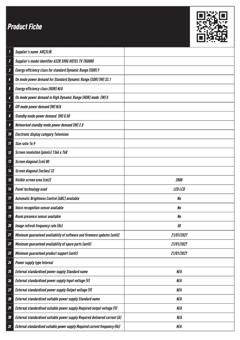 Page n°1 - Fiche technique Arçelik A32K 590G