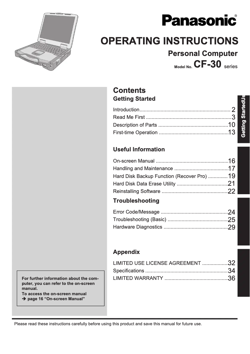 Image de la première page du manuel de l'appareil Toughbook CF-30P