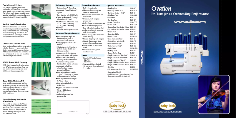 Page 1 de la notice Fiche technique Baby Lock Ovation BLES8