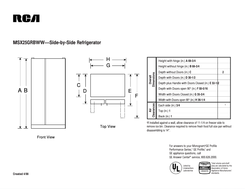 Page 1 de la notice Fiche technique RCA MSX25GRBWW