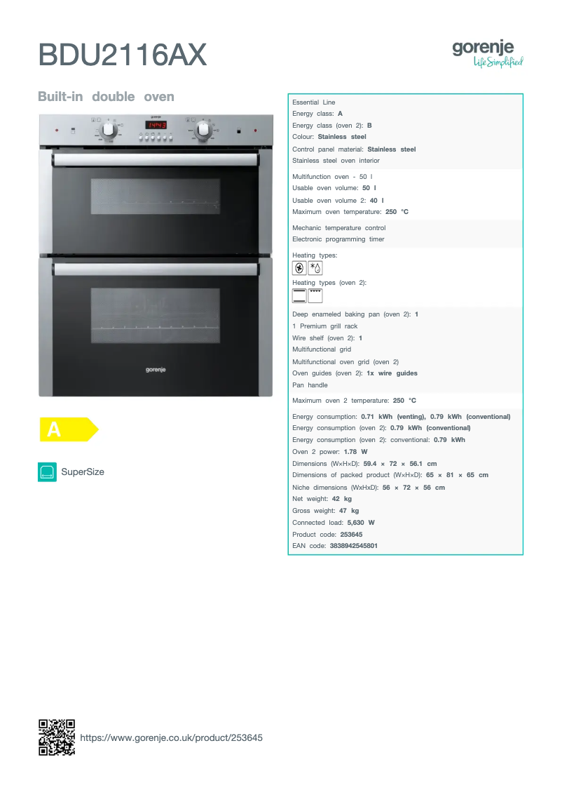 Page n°1 - Fiche technique Gorenje BDU2116AX