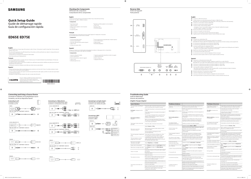 Page 1 de la notice Guide d'installation Samsung ED65E