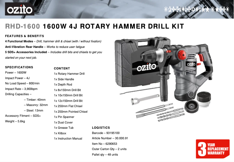 Page 1 de la notice Fiche technique Ozito RHD-1600