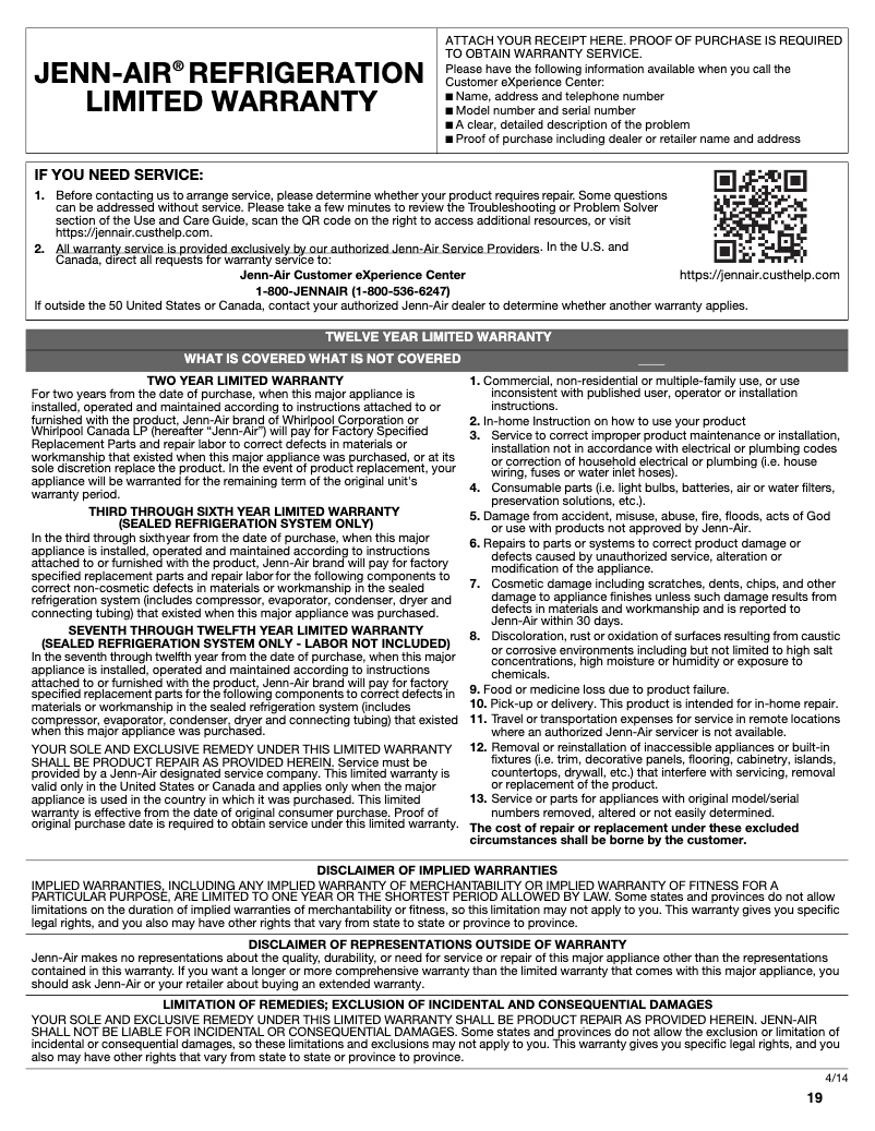 Page n°1 - Informations de garantie JennAir JS48SEDUDW