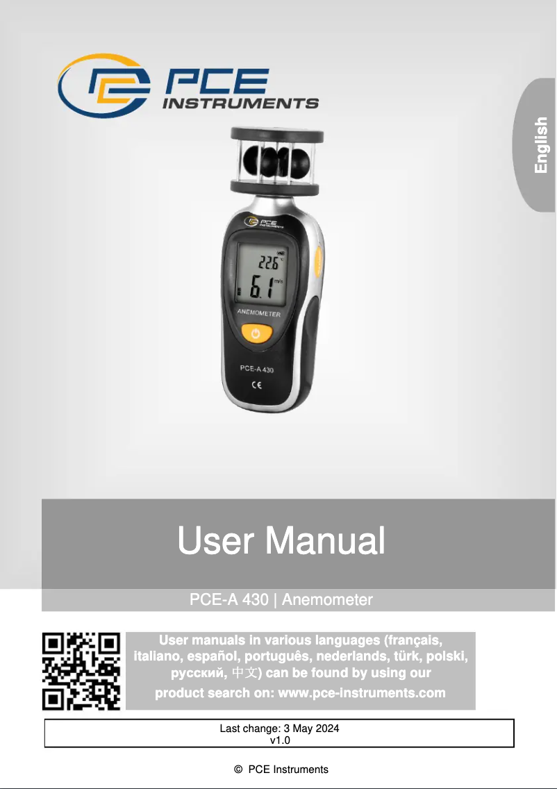 Page 1 de la notice Manuel utilisateur PCE Instruments PCE-A 430