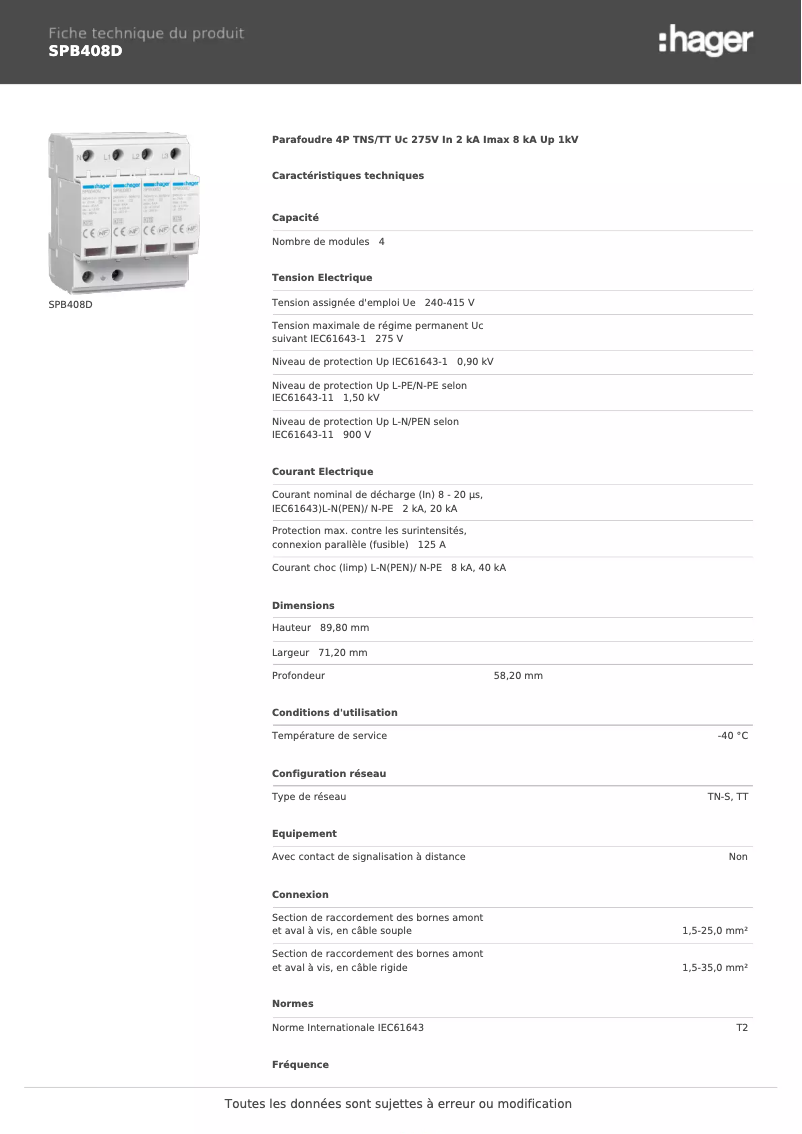 Page 1 de la notice Fiche technique Hager SPB408D