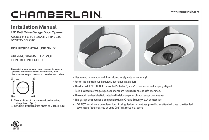 Page n°1 - Manuel utilisateur Chamberlain B4603TC