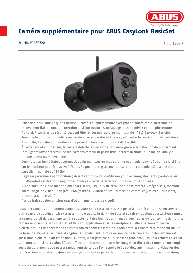 Page 1 de la notice Fiche technique Abus PPDF17520