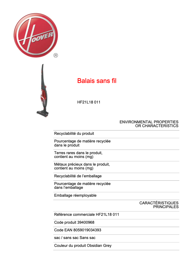 Page 1 de la notice Fiche technique Hoover HF21L18 011