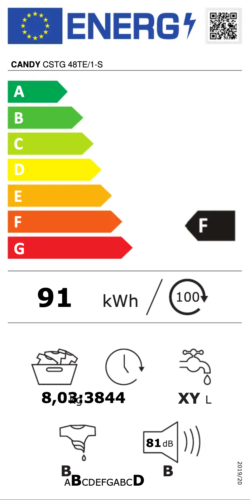 Page 1 de la notice Label énergétique Candy CSTG 48TE/1-S