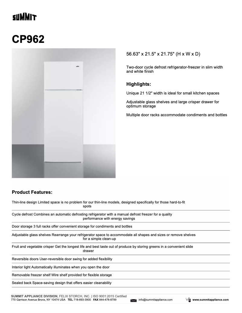 Page 1 de la notice Fiche technique Summit CP962