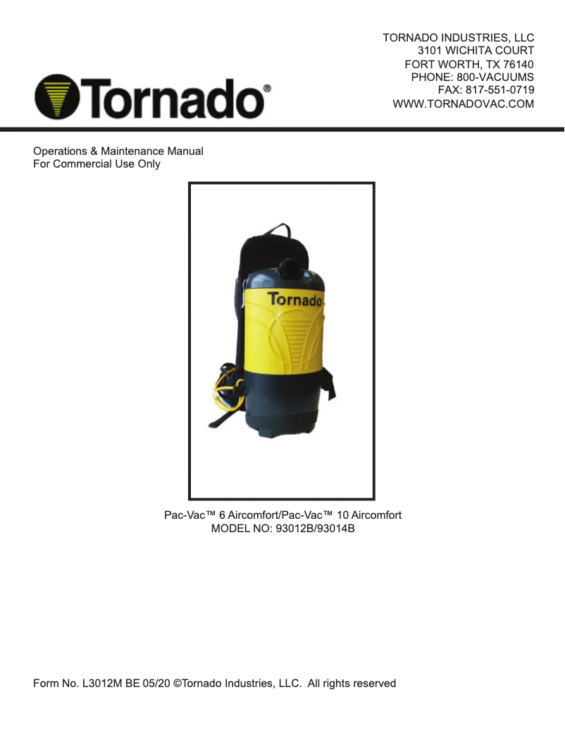 Page 1 de la notice Manuel utilisateur Tornado Pac-Vac 93014B