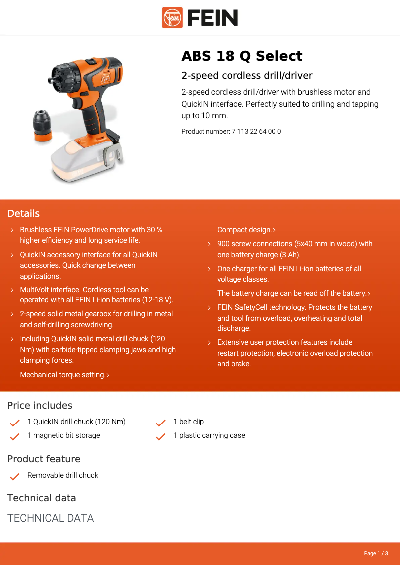 Page n°1 - Fiche technique Fein ABS 18 Q Select