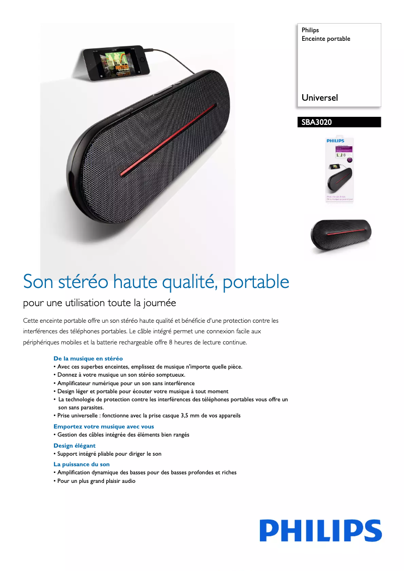 Page 1 de la notice Fiche technique Philips SBA3020
