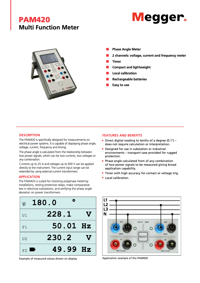 Page 1 de la notice Fiche technique Megger PAM420