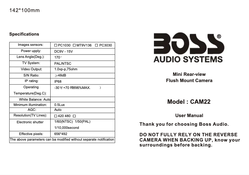 Page 1 de la notice Manuel utilisateur Boss Mini Rearview CAM22