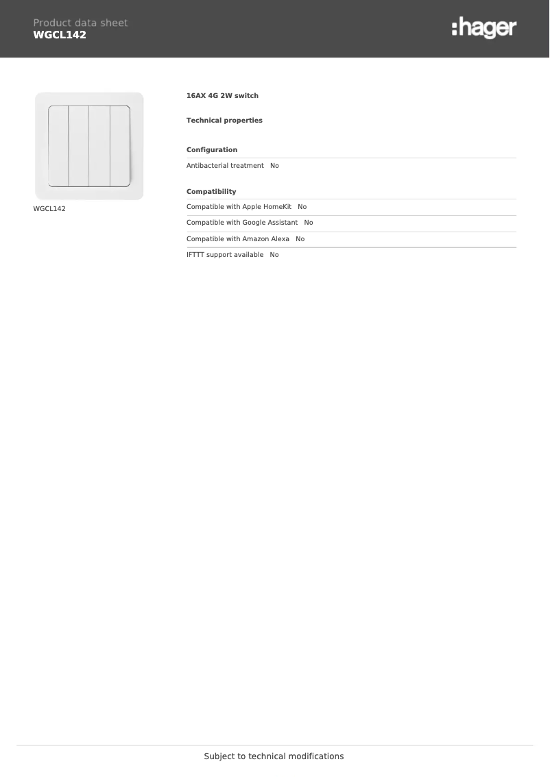 Page 1 de la notice Fiche technique Hager WGCL142