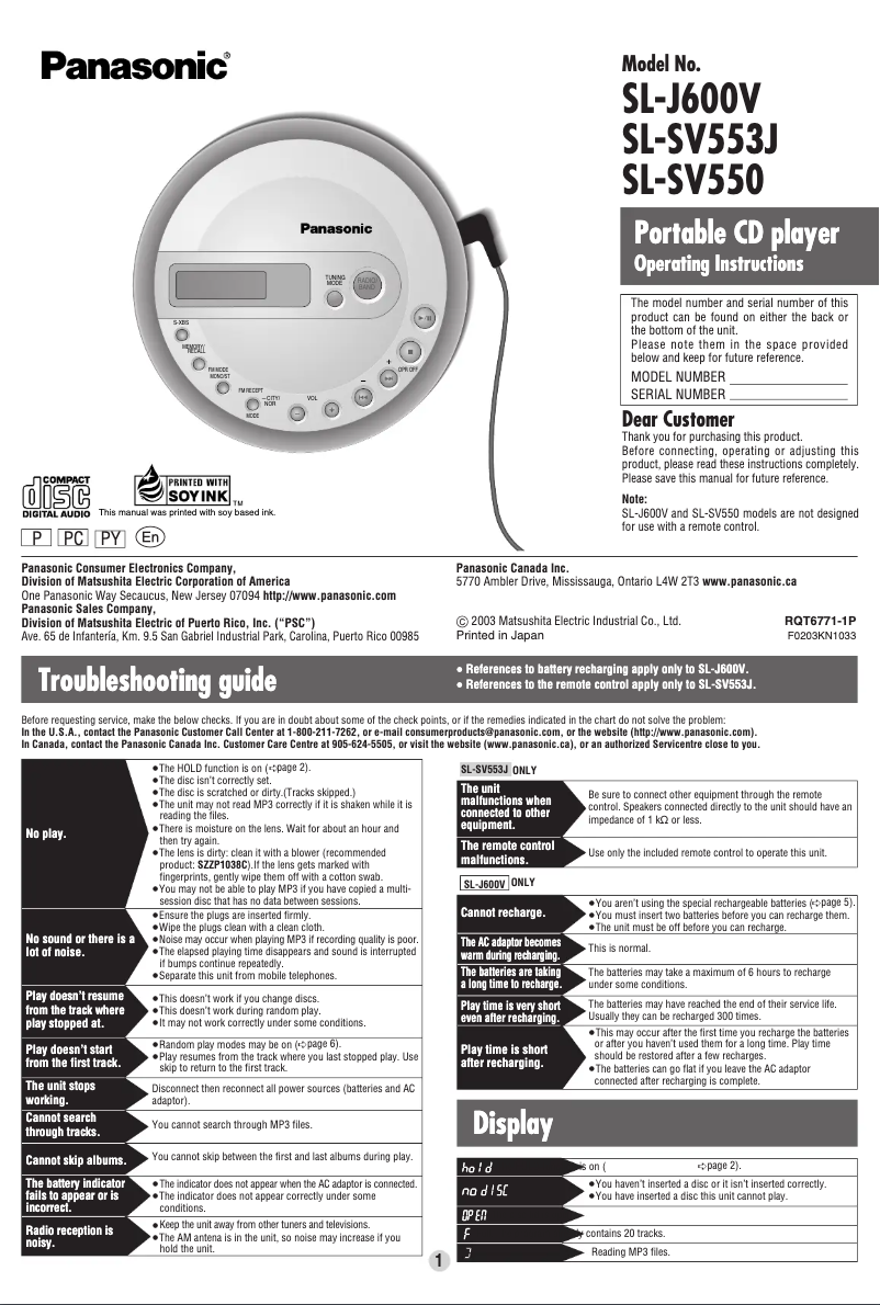 Page 1 de la notice Manuel utilisateur Panasonic SL-J600