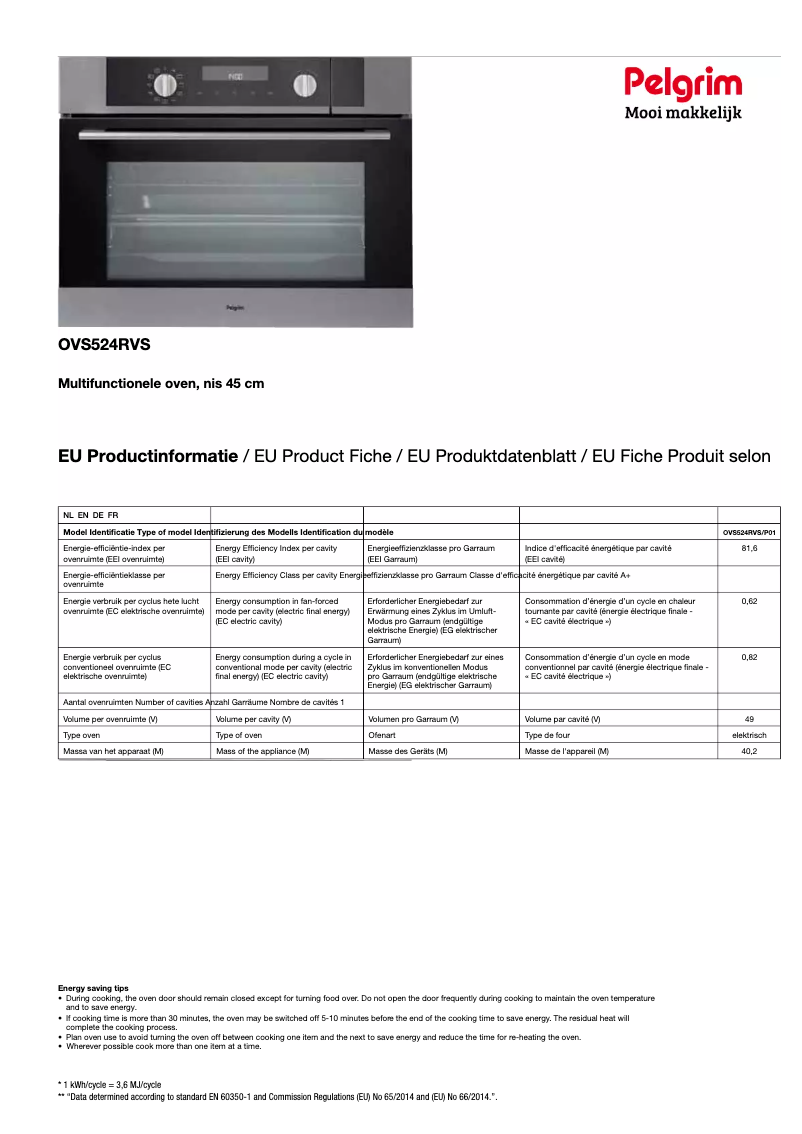 Page 1 de la notice Fiche technique Pelgrim OVS524RVS
