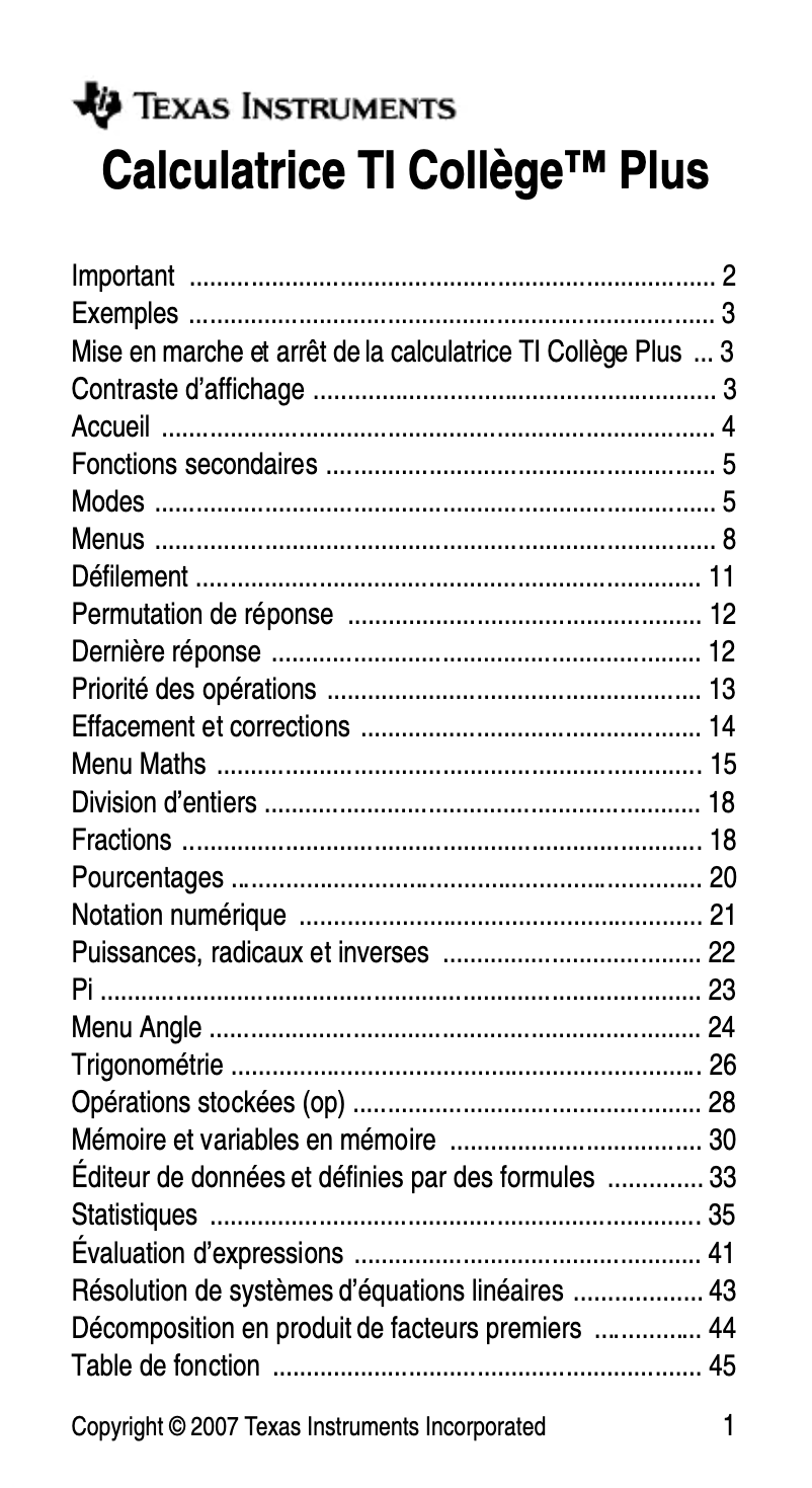 Page 1 de la notice Manuel utilisateur Texas Instruments TI Collège Plus