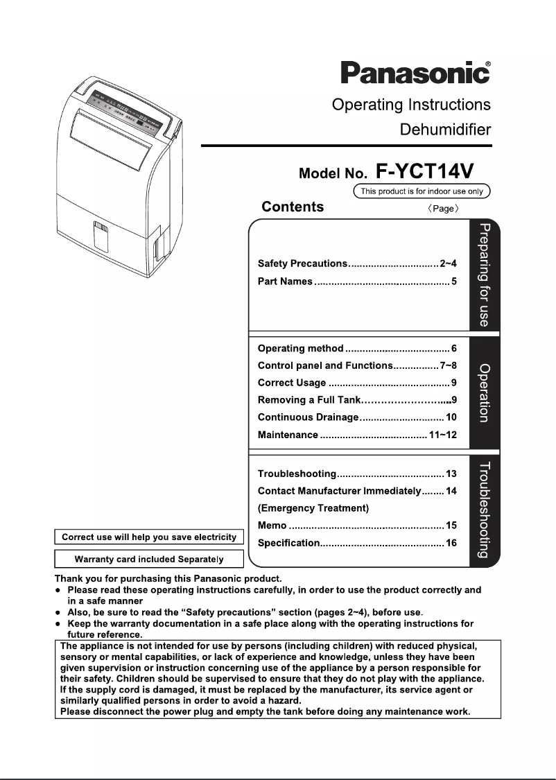 Page 1 de la notice Manuel utilisateur Panasonic F-YCT14V