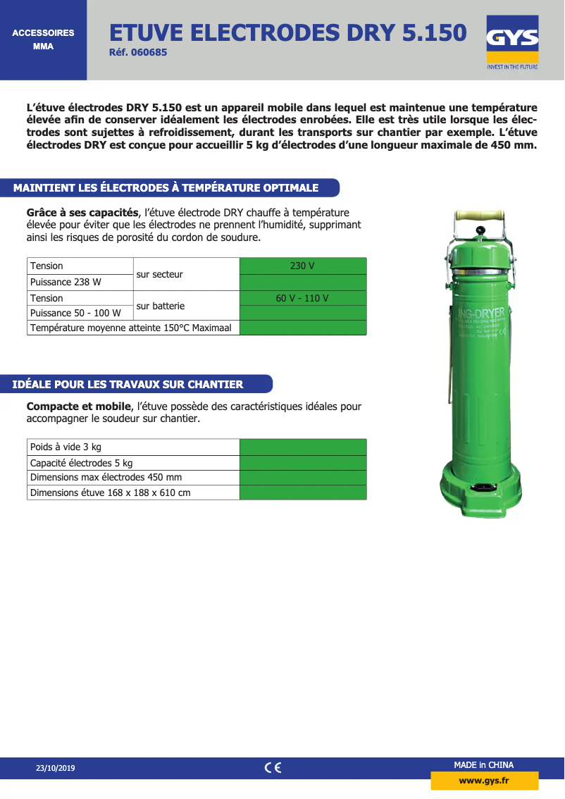Page n°1 - Fiche technique GYS DRY Electrodes Oven 5.150
