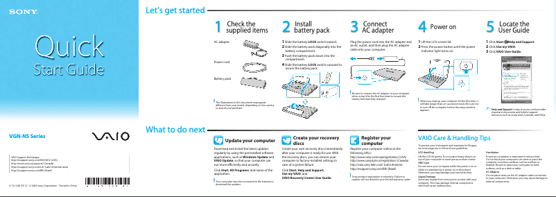 Page 1 de la notice Guide d'installation Sony Vaio VGN-NS240D