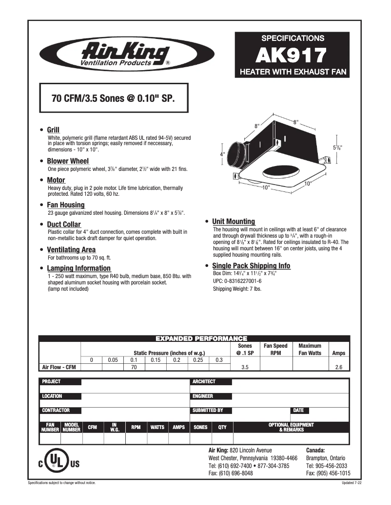 Page 1 de la notice Fiche technique Air King AK917