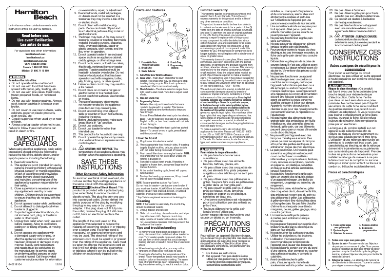 Page 1 de la notice Manuel utilisateur Hamilton Beach 22785