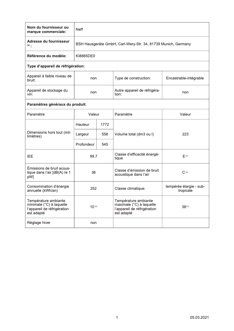 Page 1 de la notice Label énergétique Neff KI8865DE0